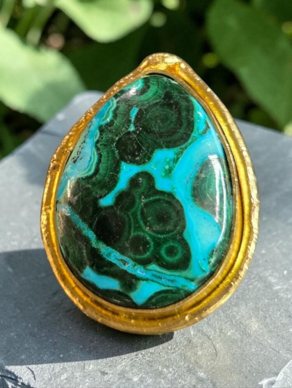 Incredible 18k Gold Plated Artisan Chrysocolla Malachite Natural Stone Ring - Picture 7 of 7